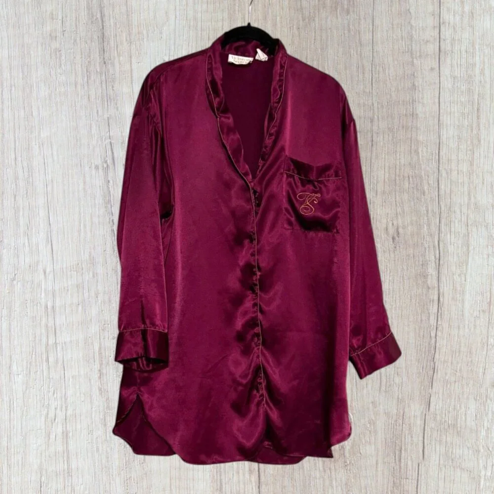 Vintage Victoria’s Secret Gold Label Satin Sleep Shirt Burgundy Y2K Pajamas S